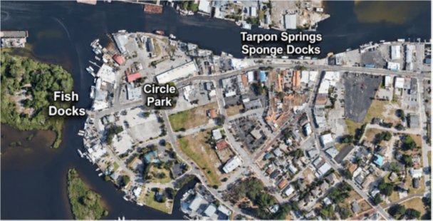 The Tarpon Springs working waterfront, showing the Fish Docks and the Sponge Docks along the Anclote River.